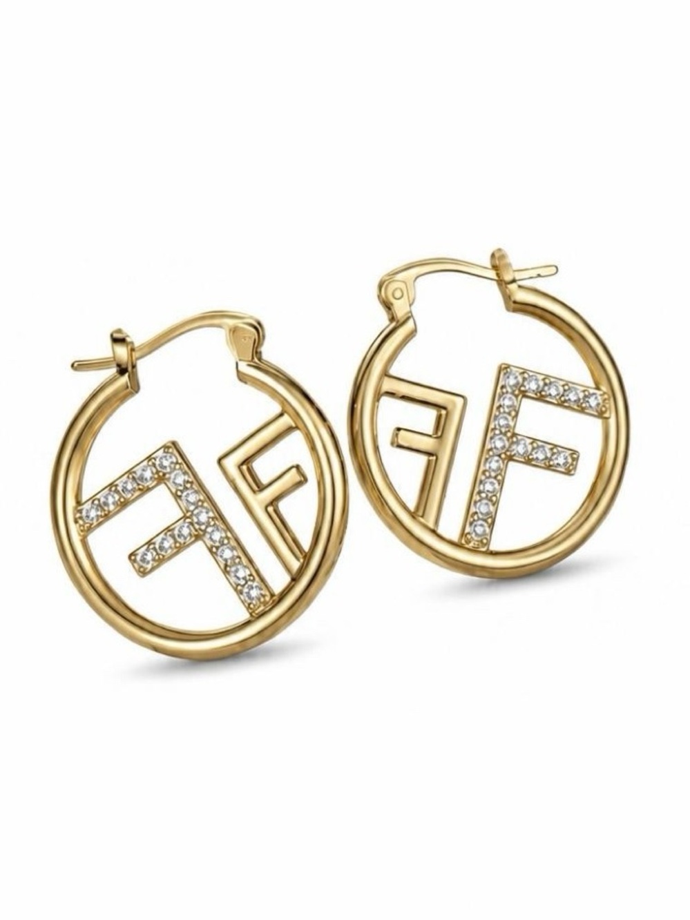 Gold Hoop Earrings with Crystal Rhinestone FF Letters